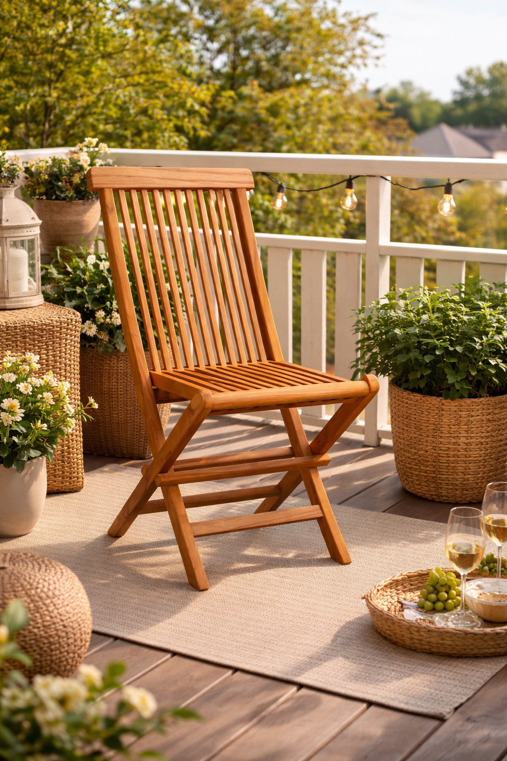 A Twisted Papasan Chair (Clearance) sits on an outdoor deck, surrounded by string lights, potted plants, and a small table with wine glasses and grapes.