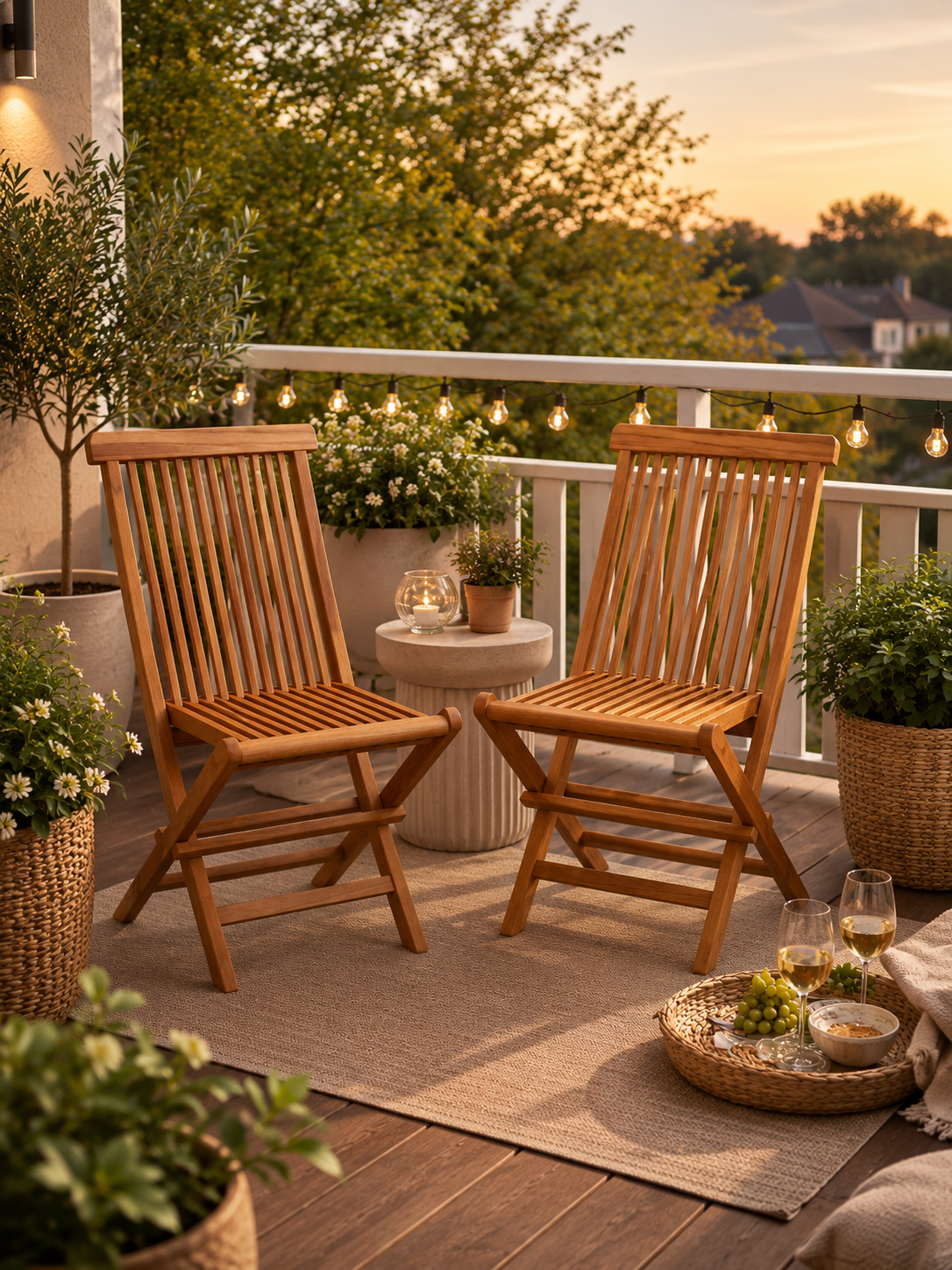 A Twisted Papasan Chair (Clearance) is set on a balcony with string lights, potted plants, and a tray holding wine glasses and fruit on a rug at sunset.