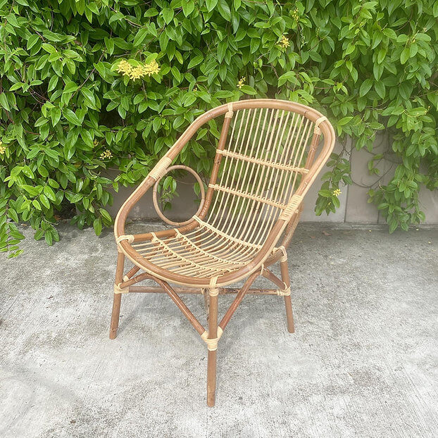 A Two Ring Chair is placed outdoors on a concrete surface in front of green leafy plants.