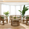 A bright living room featuring a Rattan Sofa Set with green cushions, a round glass coffee table, large indoor plants, and sheer curtains on bay windows. A bright living room featuring a Rattan Sofa Set with green cushions, a round glass coffee table, large indoor plants, and sheer curtains on bay windows.