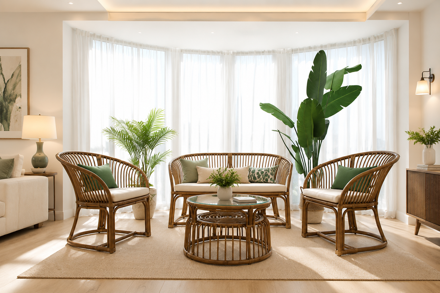 A bright living room featuring a Rattan Sofa Set with green cushions, a round glass coffee table, large indoor plants, and sheer curtains on bay windows. A bright living room featuring a Rattan Sofa Set with green cushions, a round glass coffee table, large indoor plants, and sheer curtains on bay windows.