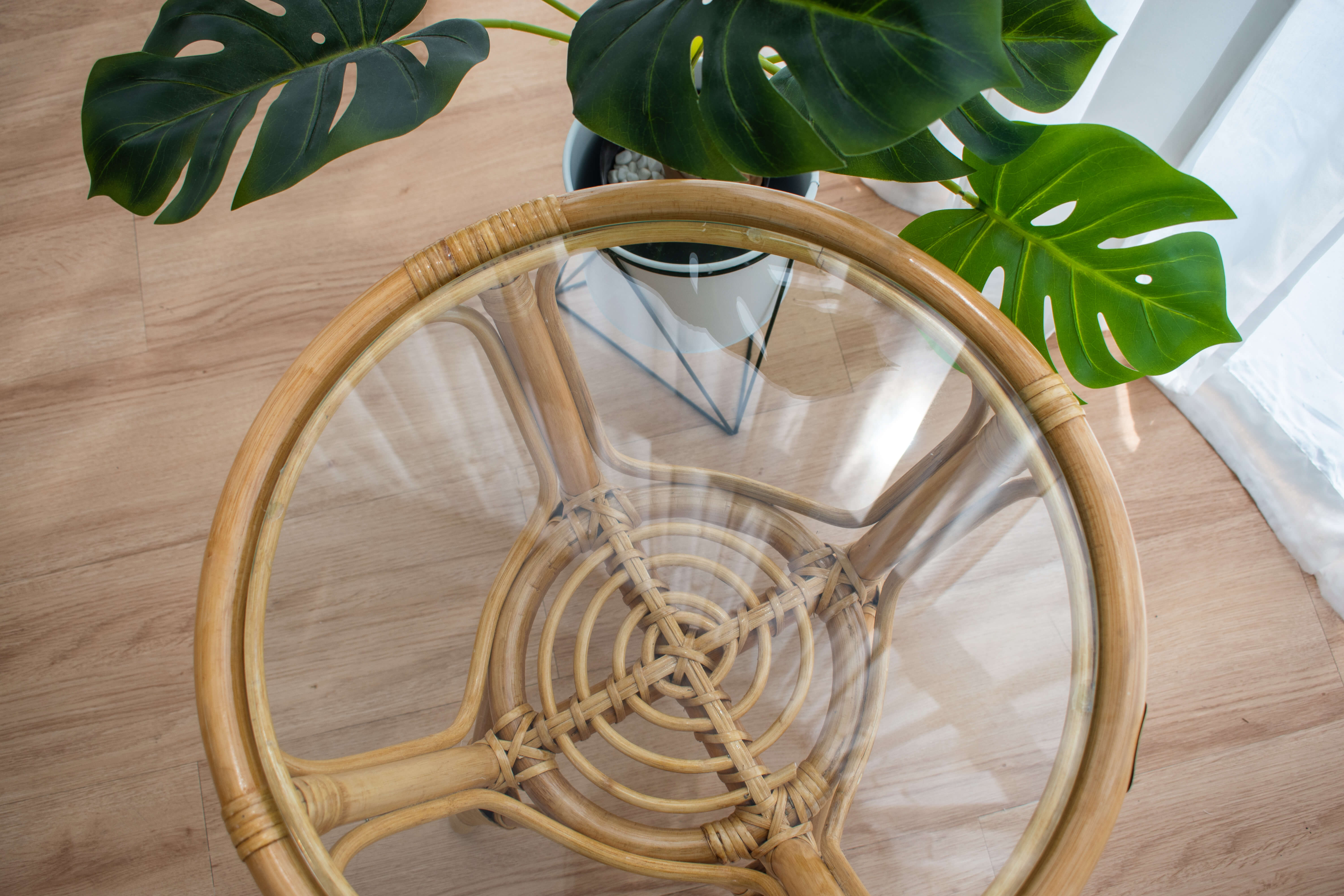 The image features an RC Rattan Table With Glass Top, adorned with a potted Monstera plant, set on a light wood floor. The plant's large green leaves are partially visible above the table.