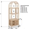 Bookshelf With Cabinet: tall rattan unit featuring three open shelves (A, B, C) and two lower compartments with doors (D, E); overall and internal dimensions shown. Bookshelf With Cabinet: tall rattan unit featuring three open shelves (A, B, C) and two lower compartments with doors (D, E); overall and internal dimensions shown.