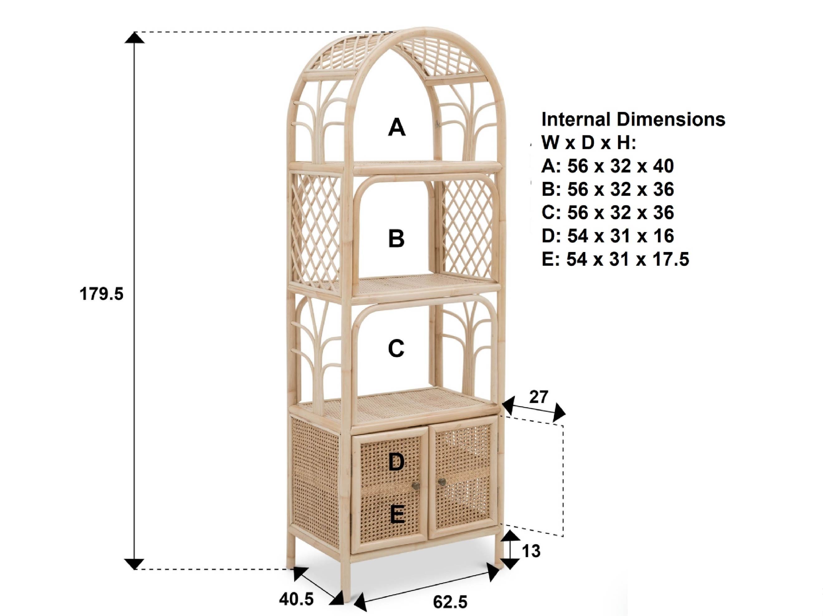 Bookshelf With Cabinet: tall rattan unit featuring three open shelves (A, B, C) and two lower compartments with doors (D, E); overall and internal dimensions shown. Bookshelf With Cabinet: tall rattan unit featuring three open shelves (A, B, C) and two lower compartments with doors (D, E); overall and internal dimensions shown.