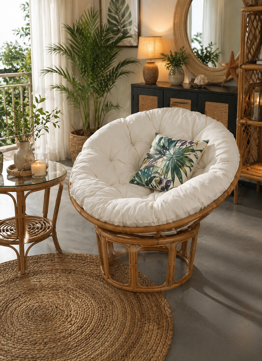 The Manau Papasan With Natural Frame and cushion features a round rattan design with a white cushion, perfect for cozy, plant-filled living spaces with wicker furniture and natural decor.