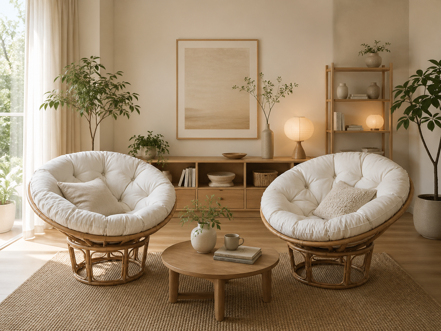 Two Manau Papasan chairs with natural frames and cushions, plus a small wooden table with vases and cups, sit in a minimalist, neutral-toned living room decorated with plants and simple accents.