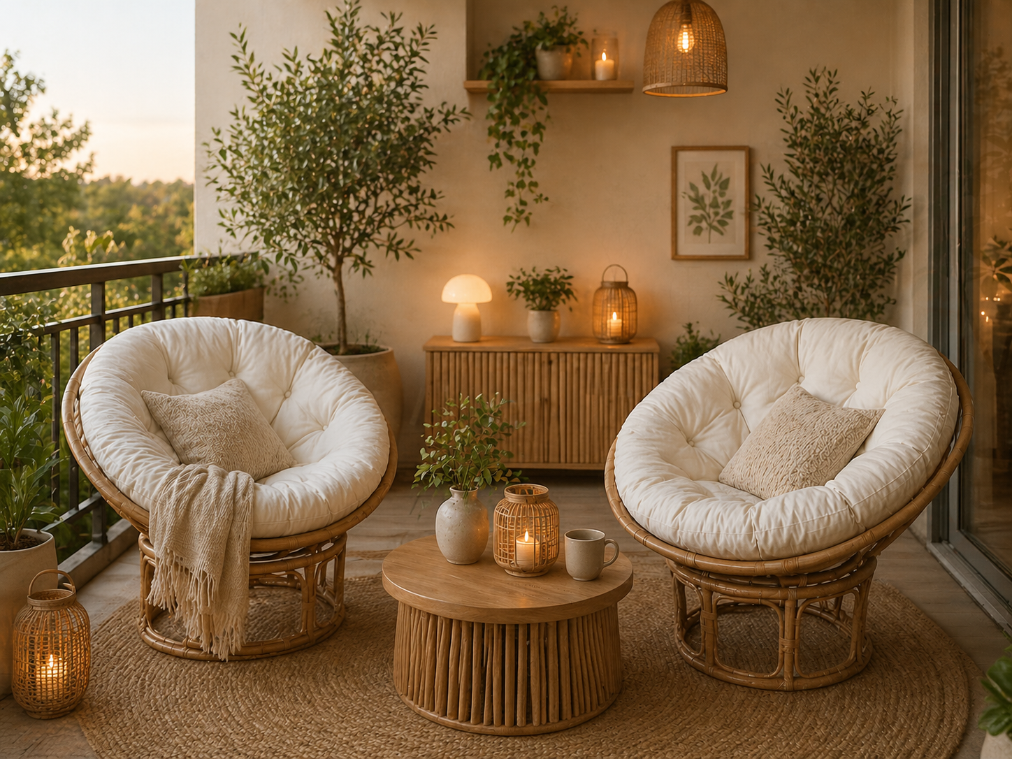 A cozy balcony featuring two Manau Papasan chairs with natural frames and cushions, a low table, potted plants, candles, and warm ambient lighting in an earthy setting.