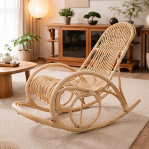 The Rohe Rocking Chair is placed on a light rug in a living room featuring wooden furniture, houseplants, and gentle natural light.