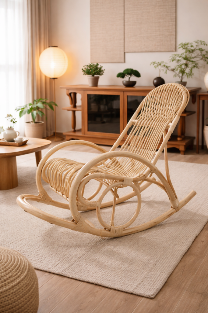 The Rohe Rocking Chair is placed on a light rug in a living room featuring wooden furniture, houseplants, and gentle natural light.