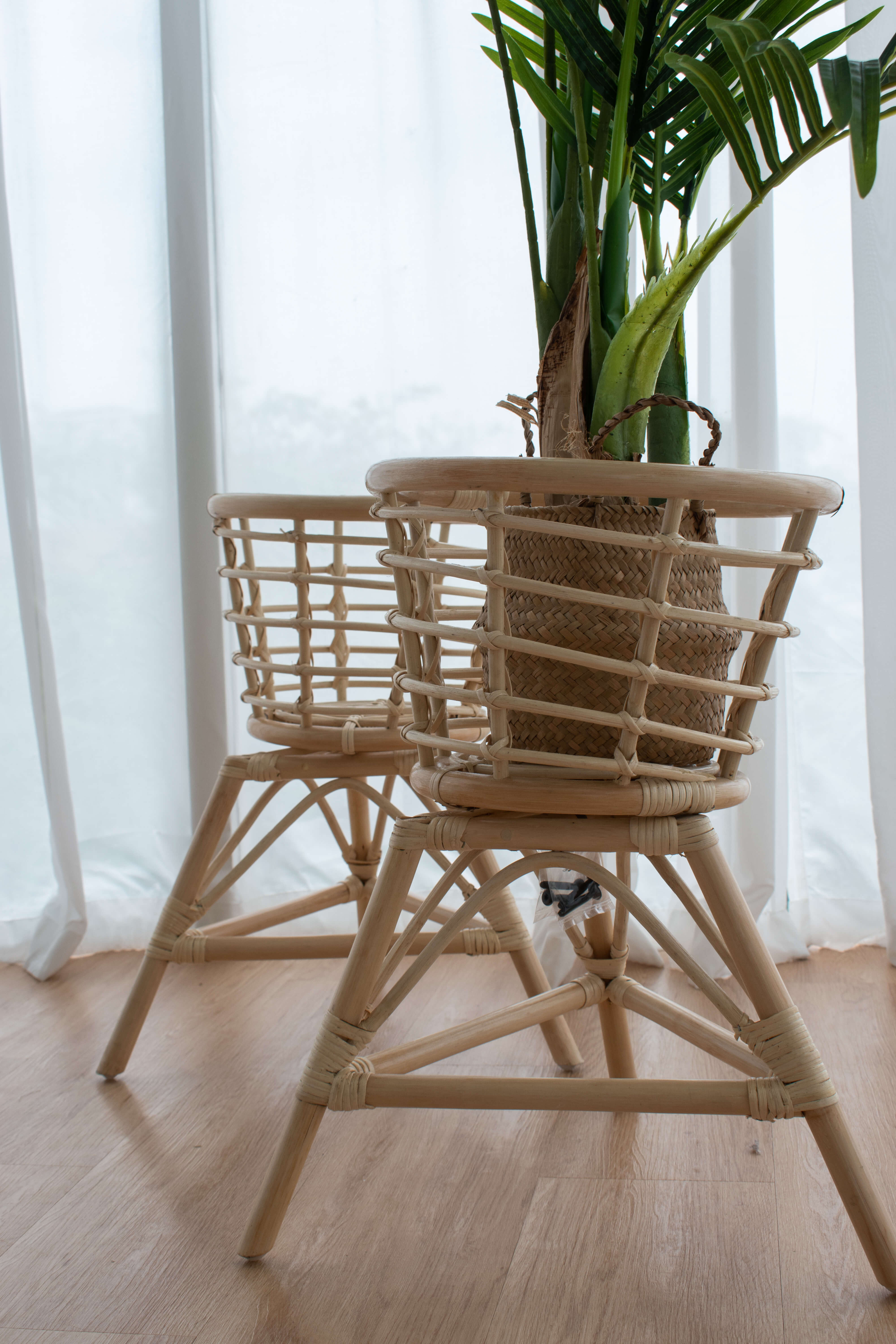Two Bali Plant Pot Stands with potted plants are placed on a wooden floor in front of sheer white curtains.