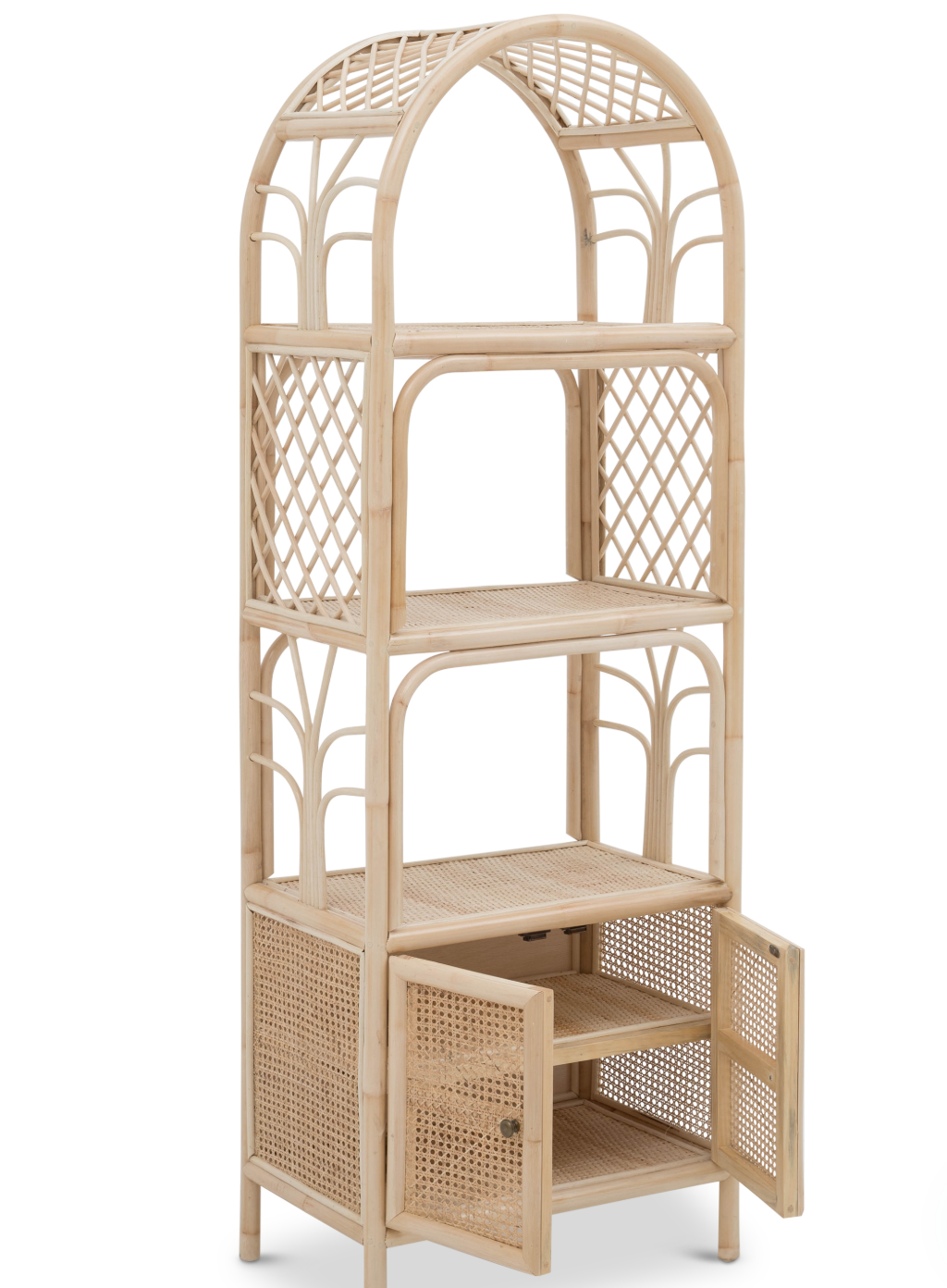 The Bookshelf With Cabinet features a tall, arched rattan design with three open shelves and a lower cabinet with double doors and lattice detailing. The Bookshelf With Cabinet features a tall, arched rattan design with three open shelves and a lower cabinet with double doors and lattice detailing.