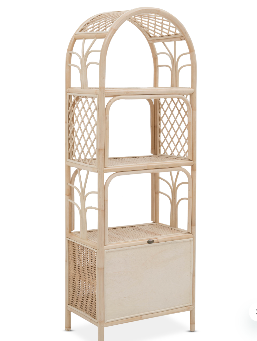 The Bookshelf With Cabinet features a tall arched rattan frame, two open shelves, decorative lattice sides, and a lower closed storage compartment. The Bookshelf With Cabinet features a tall arched rattan frame, two open shelves, decorative lattice sides, and a lower closed storage compartment.
