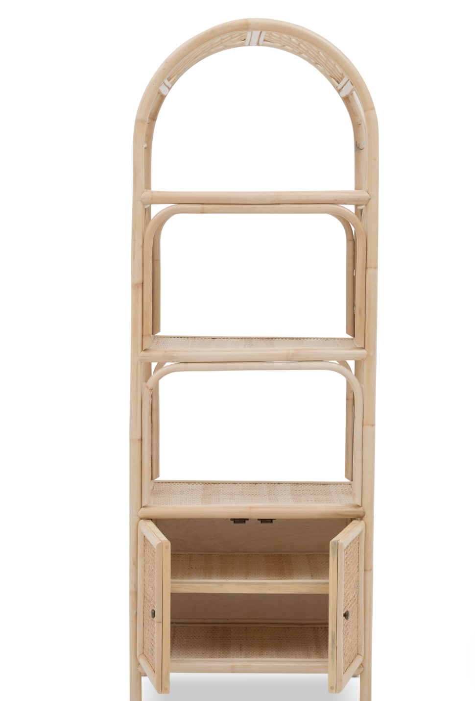 The Bookshelf With Cabinet is a tall, light wood unit with an arched top, three open shelves, and a two-door cabinet at the bottom. The Bookshelf With Cabinet is a tall, light wood unit with an arched top, three open shelves, and a two-door cabinet at the bottom.