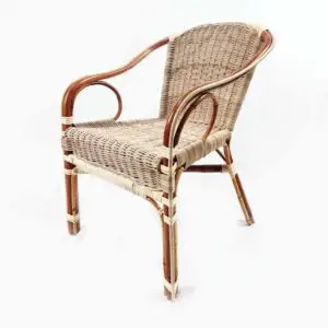An Italy Rattan Wicker Chair featuring elegant curved wooden armrests and a woven seat and backrest.
