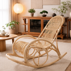 The Rohe Rocking Chair sits on a beige rug in a living room featuring wooden furniture, potted plants, and gentle natural light.