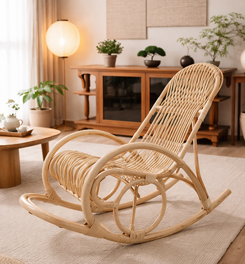 The Rohe Rocking Chair sits on a beige rug in a living room featuring wooden furniture, potted plants, and gentle natural light.
