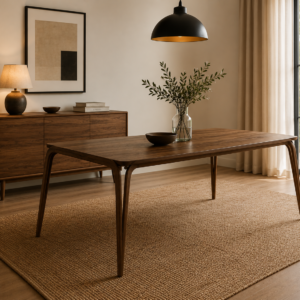 A modern dining room with the Trombone V Dining Table, a sideboard, two vases with branches, a rug, framed art, a table lamp, pendant light, and large window with beige curtains.
