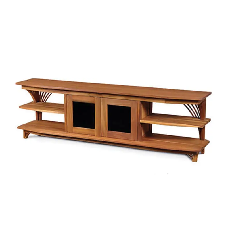 The Bravo TV Console (Clearance) is a wooden entertainment center with two central cabinets featuring glass doors and open shelving on both sides. The Bravo TV Console (Clearance) is a wooden entertainment center with two central cabinets featuring glass doors and open shelving on both sides.