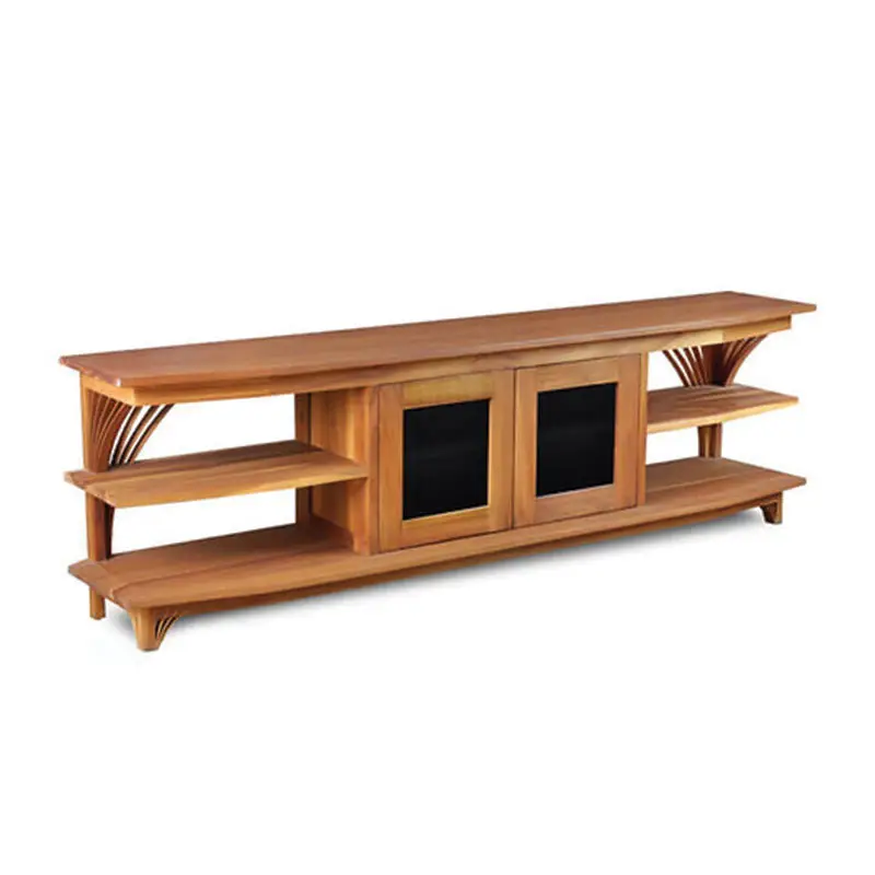 The Bravo TV Console (Clearance) is a long wooden entertainment center featuring two shelves on each side and a central cabinet with two glass-panel doors. The Bravo TV Console (Clearance) is a long wooden entertainment center featuring two shelves on each side and a central cabinet with two glass-panel doors.