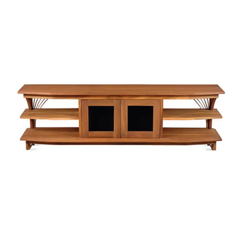 The Bravo TV Console (Clearance) features two black sliding doors in the middle and two shelves on each side. The Bravo TV Console (Clearance) features two black sliding doors in the middle and two shelves on each side.