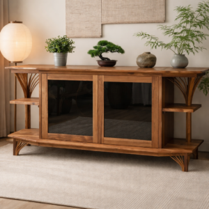 The Bravo Buffet (Clearance) is a wooden sideboard displayed in a softly lit living room, topped with plants, a round paper lamp, and decor accents against a neutral wall.