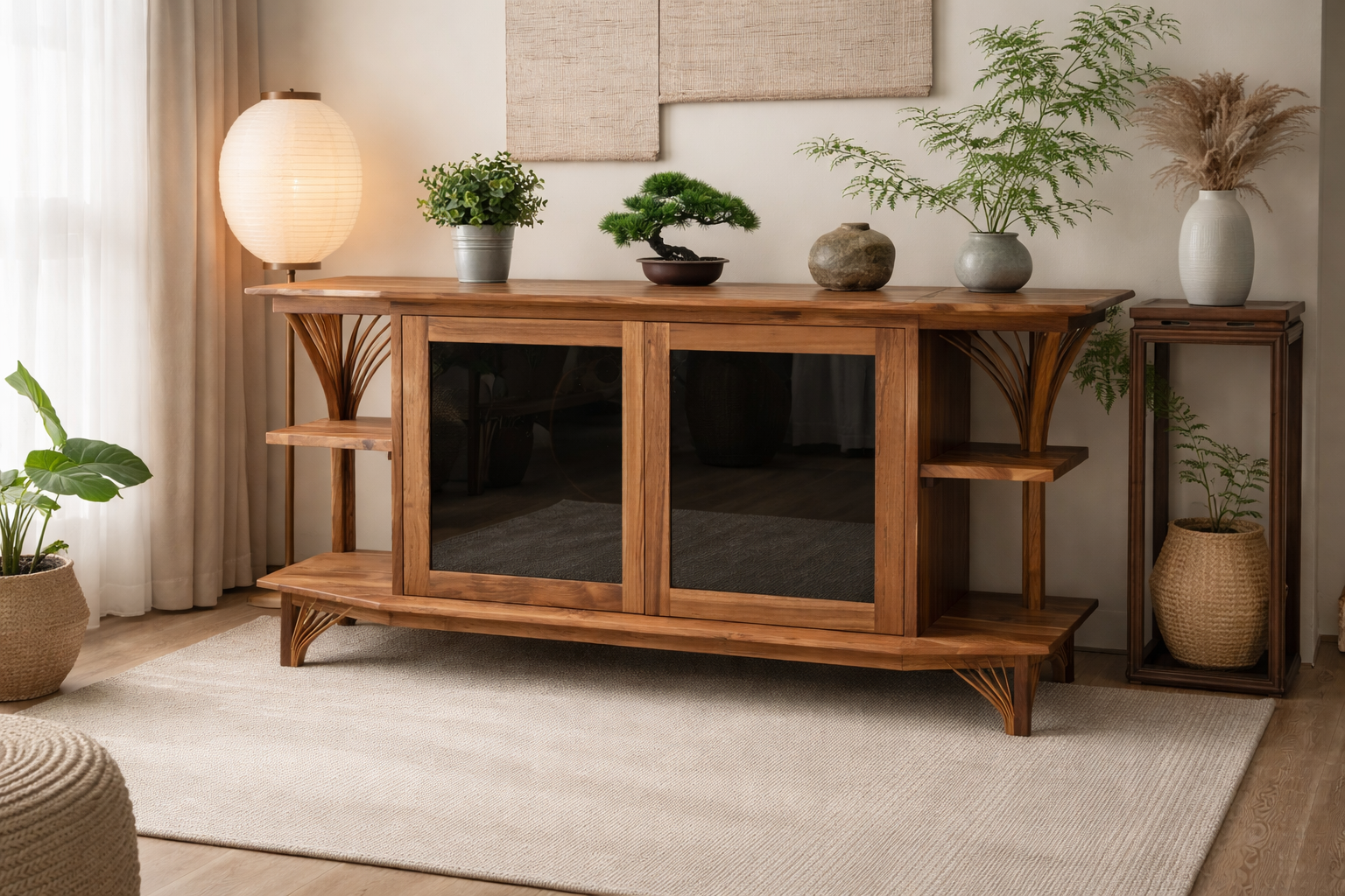 The Bravo Buffet (Clearance) is a wooden sideboard displayed in a softly lit living room, topped with plants, a round paper lamp, and decor accents against a neutral wall.