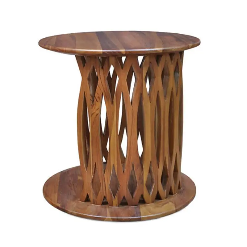 The Marina Bedside is a round wooden side table featuring a lattice-style base with solid top and bottom.