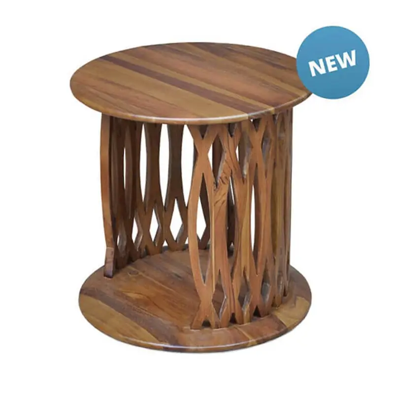 A round wooden side table named "Marina Bedside" with a lattice design base and a "NEW" label in the top right corner.