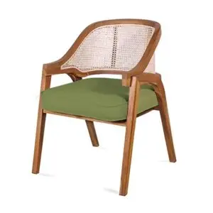A wooden chair with a curved back, woven cane backrest, and a green cushioned seat.