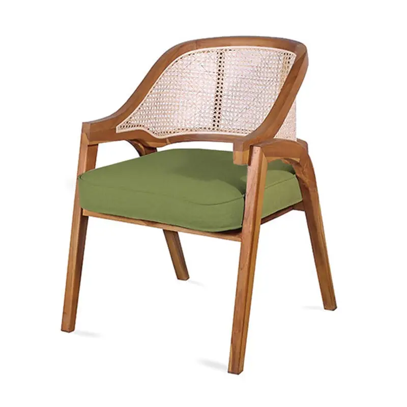 A wooden chair with a curved back, woven cane backrest, and a green cushioned seat.