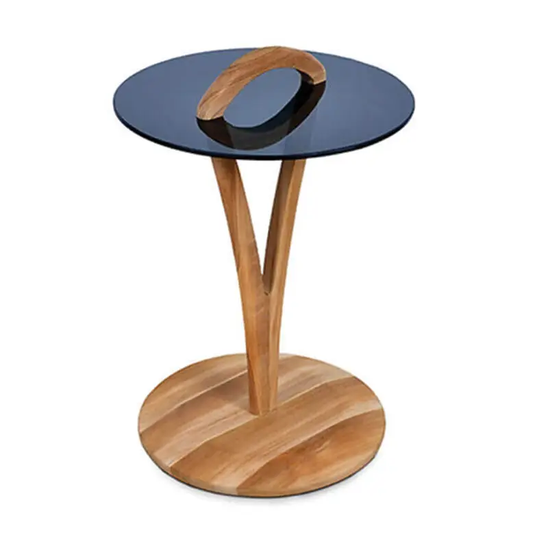 The Solo Side Table features a black glass top, supported by a wooden base with a circular bottom and a curved wooden handle.