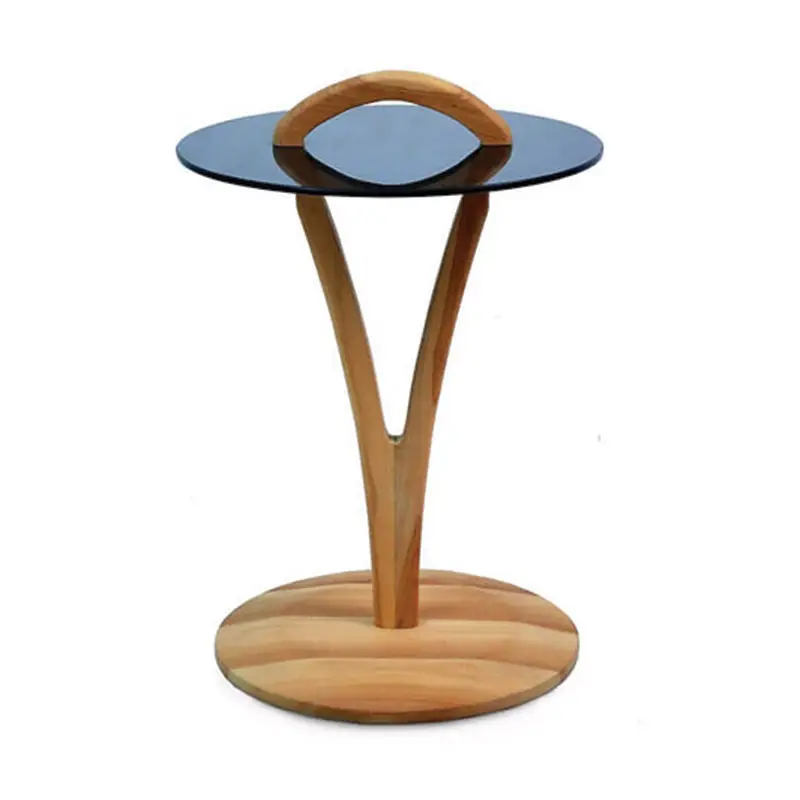 The Solo Side Table features a compact, contemporary design with a round black glass top, elegantly curved wooden legs, and a circular wooden base.