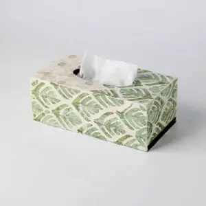 Tissue box featuring a green leaf pattern, filled with white tissues, set against a simple white backdrop.