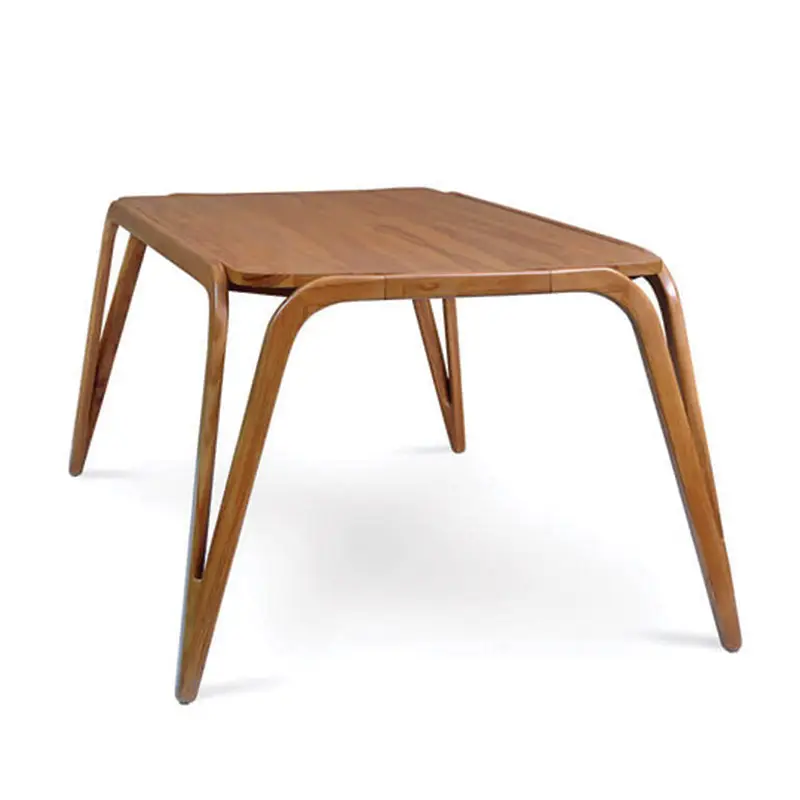 The Trombone V Dining Table is a wooden rectangular table featuring curved legs and a smooth, flat surface.