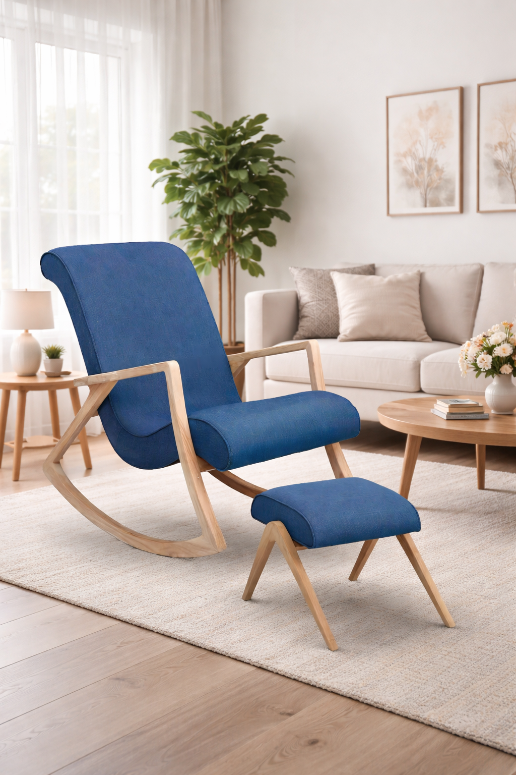 The Diane Rocking Chair with Footrest (Clearance) sits on a beige rug in a modern living room featuring neutral decor, a sofa, coffee table, and potted plant.