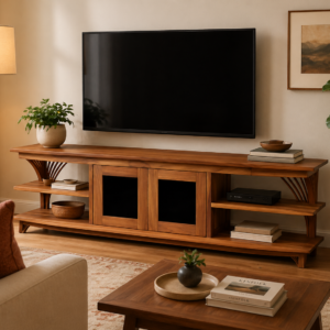 A living room featuring a wall-mounted flat-screen TV above the Bravo TV Console (Clearance), which holds books and decor, with a potted plant, framed art, and a large leafy plant in a woven basket.