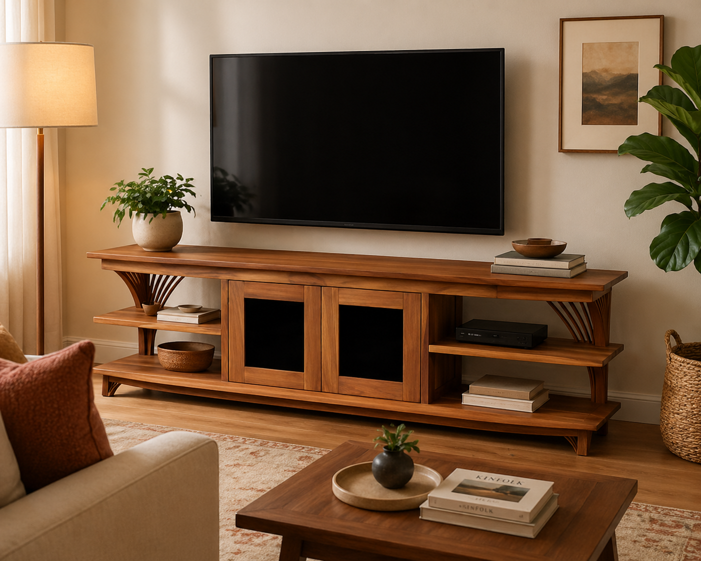 A living room featuring a wall-mounted flat-screen TV above the Bravo TV Console (Clearance), which holds books and decor, with a potted plant, framed art, and a large leafy plant in a woven basket. A living room featuring a wall-mounted flat-screen TV above the Bravo TV Console (Clearance), which holds books and decor, with a potted plant, framed art, and a large leafy plant in a woven basket.