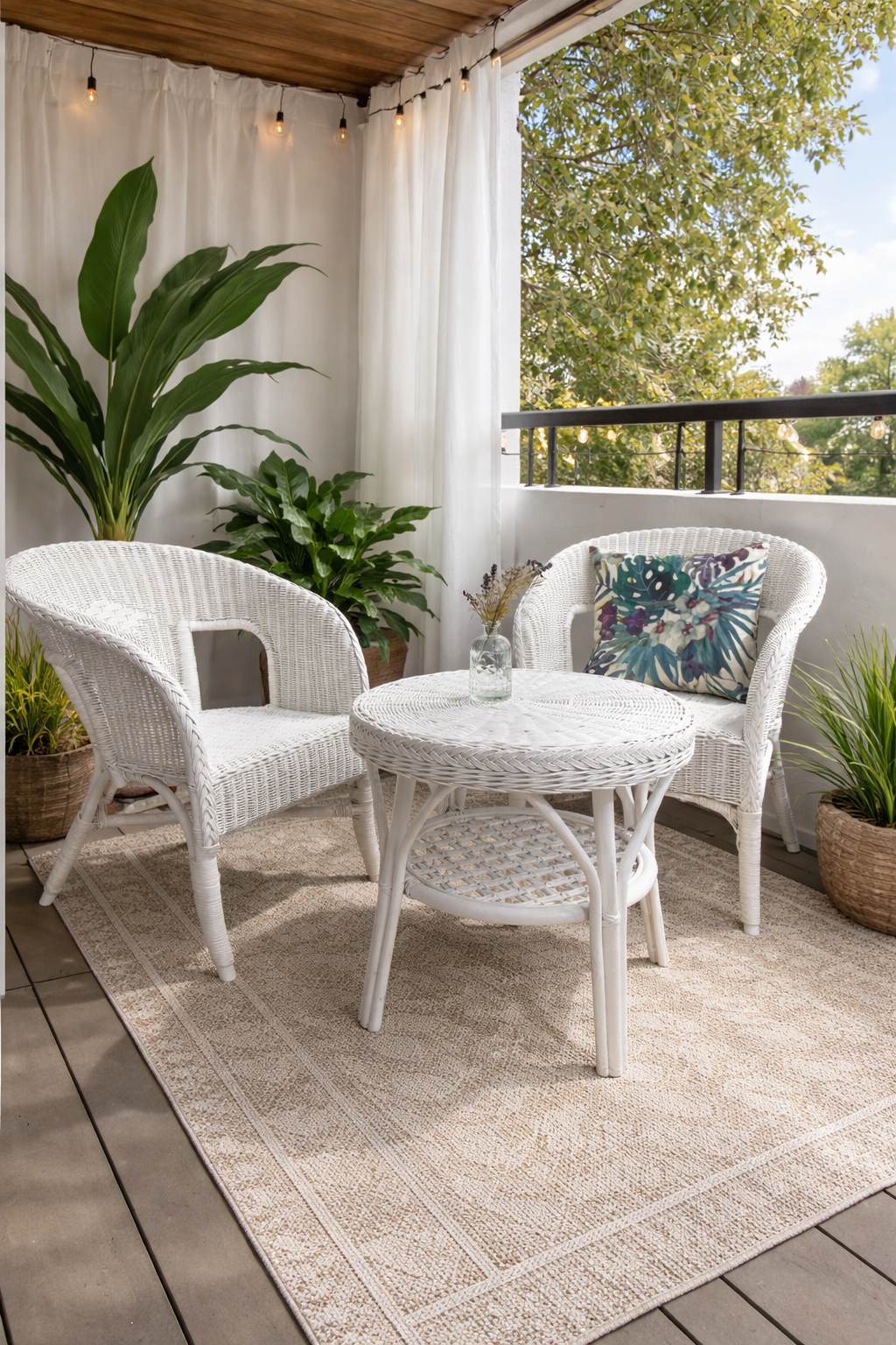 A small patio features two White Wicker Chairs, a matching round table, potted plants, a patterned rug, string lights above, and sheer curtains partially drawn.