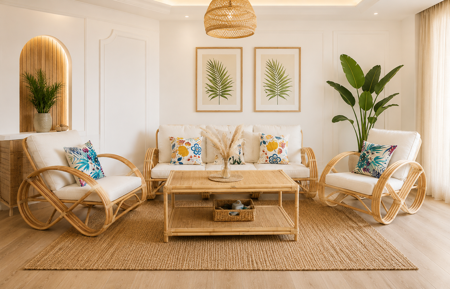 A bright, neutral-toned living room featuring the Greeks Infinity Rattan Sofa, a beige rug, tropical print cushions, framed leaf art on the wall, and green plants.