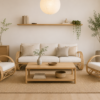 Minimalist living room featuring the Greeks Infinity Rattan Sofa, beige chairs, a wooden coffee table, potted plants, and neutral decor illuminated by natural light.