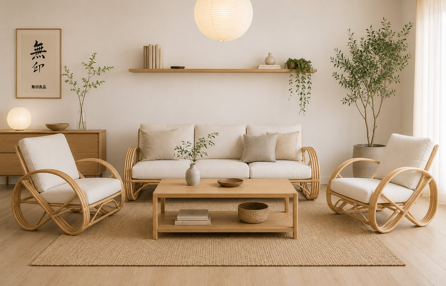 Minimalist living room featuring the Greeks Infinity Rattan Sofa, beige chairs, a wooden coffee table, potted plants, and neutral decor illuminated by natural light.