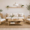 A bright living room featuring the Greeks Infinity Rattan Sofa, a neutral sofa, two armchairs, a wooden coffee table, indoor plants, and minimalist decor.