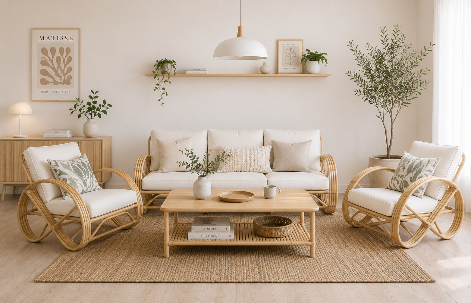 A bright living room featuring the Greeks Infinity Rattan Sofa, a neutral sofa, two armchairs, a wooden coffee table, indoor plants, and minimalist decor.