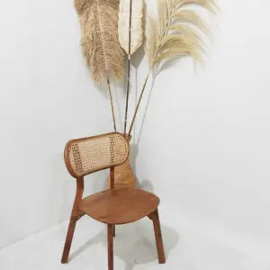 The Moni Chair, featuring a wooden frame and a woven backrest, is beautifully set against a white wall adorned with tall dried pampas grass.