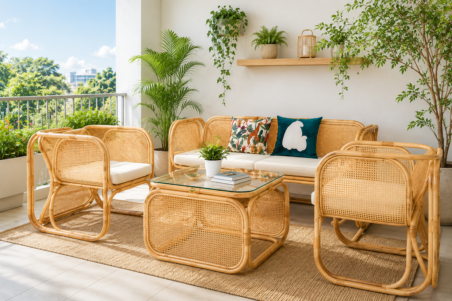A sunlit balcony features the Zorba Sofa Set (Clearance) with rattan design, a glass-top coffee table, potted plants, decorative pillows, and a shelf with small decor against a white wall.
