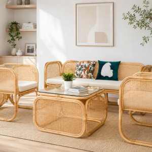 Bright living room with rattan furniture, a glass-top coffee table, decorative pillows, houseplants, and neutral decor on a natural fiber rug. Sunlight streams in from a large window.