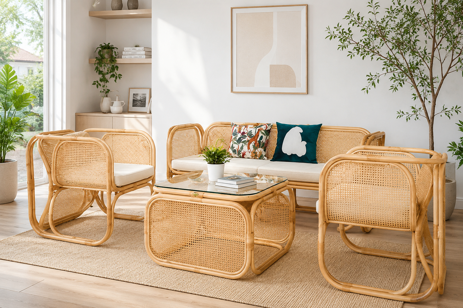 Bright living room with rattan furniture, a glass-top coffee table, decorative pillows, houseplants, and neutral decor on a natural fiber rug. Sunlight streams in from a large window.