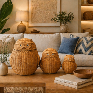 Three Owl Baskets are arranged on a wooden coffee table in a cozy, bright living room with neutral decor and green plants.