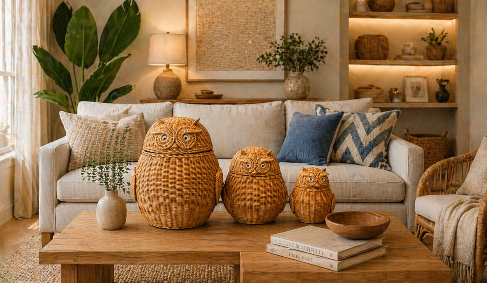 Three Owl Baskets are arranged on a wooden coffee table in a cozy, bright living room with neutral decor and green plants.