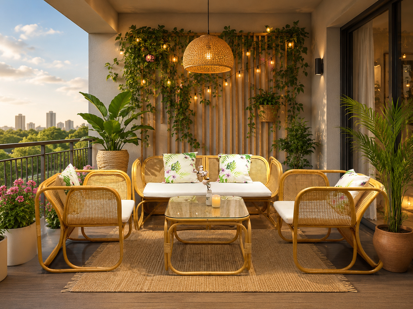 A cozy balcony setup featuring the Zorba Sofa Set, a glass-top table, potted plants, string lights, and cityscape views at sunset.